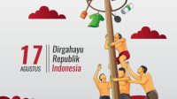 Indonesian Independence Greeting card with people playing pole climbing
